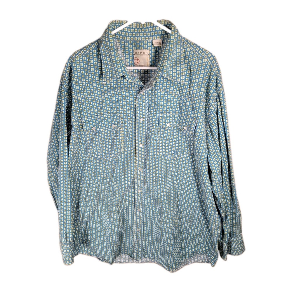 Roper Mens 2XL Western Pearl Snap Shirt Geometric Turquoise Retro Cowboy Rodeo